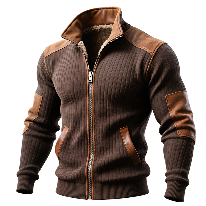 Giacca Marrone a Coste con Zip e Accenti in Pelle
