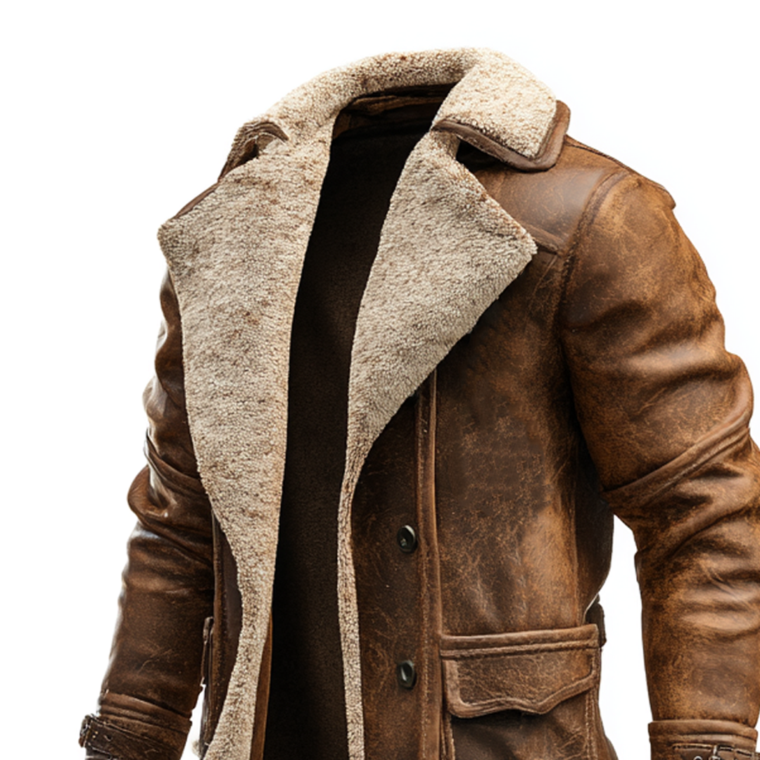 Cappotto in Pelle Marrone Vintage con Fodera in Pelliccia Sintetica