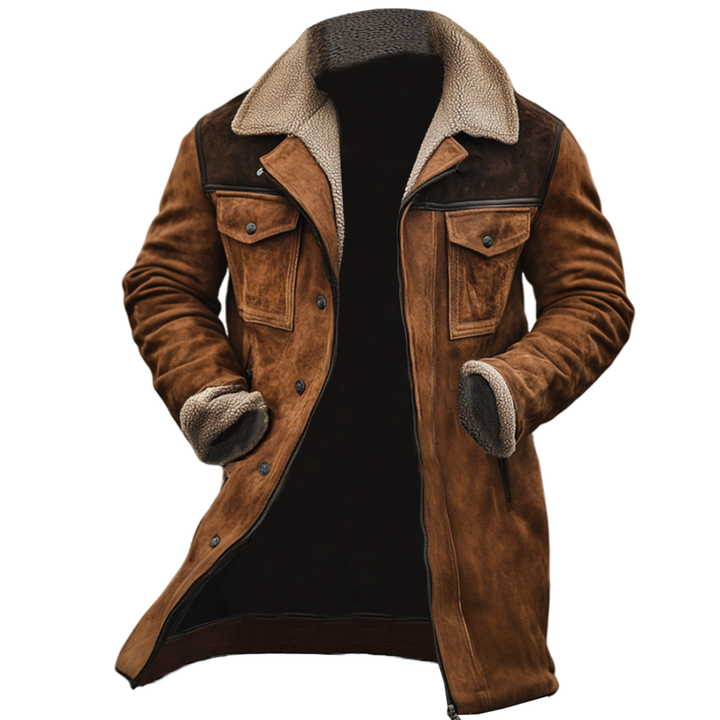 Giacca da Esterno in Pelle Suede Vintage da Uomo con Patchwork e Collo Reversibile a Multitasche