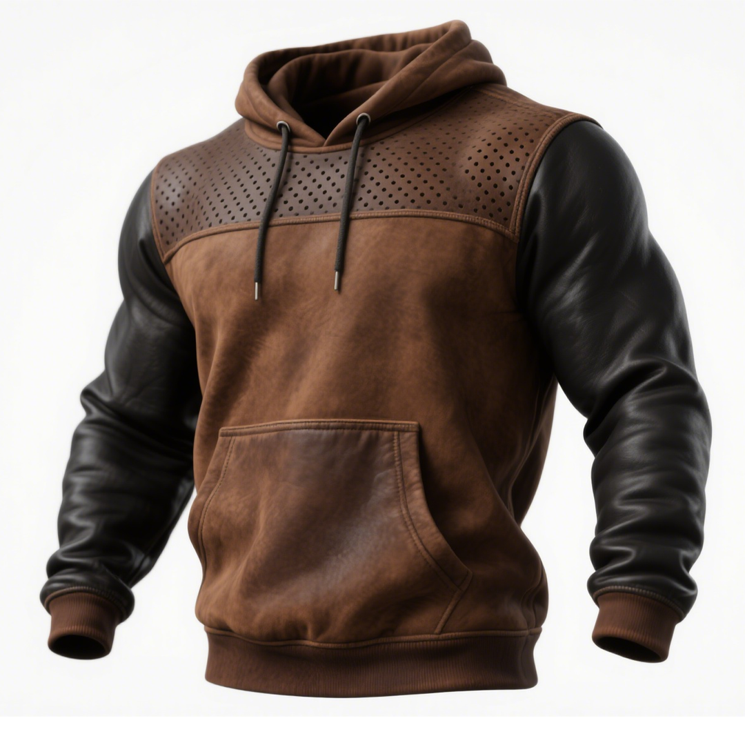 Felpa con Cappuccio in Pelle Marrone con Dettagli Perforati