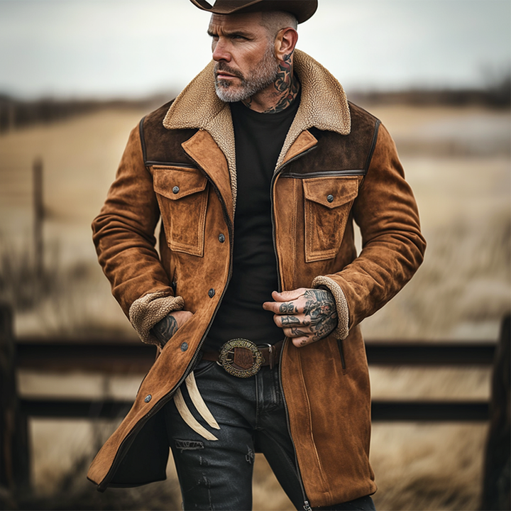 Giacca da Esterno in Pelle Suede Vintage da Uomo con Patchwork e Collo Reversibile a Multitasche