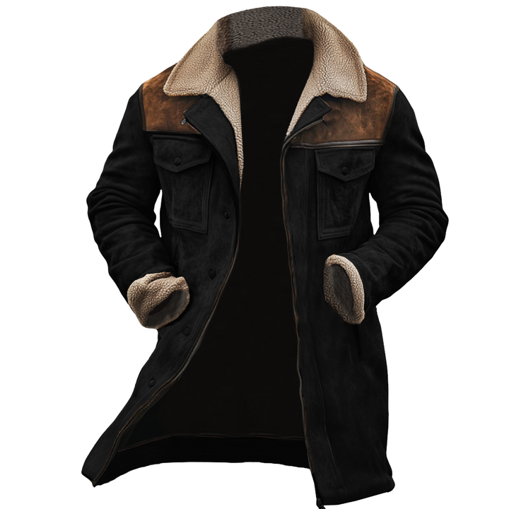 Giacca da Esterno in Pelle Suede Vintage da Uomo con Patchwork e Collo Reversibile a Multitasche
