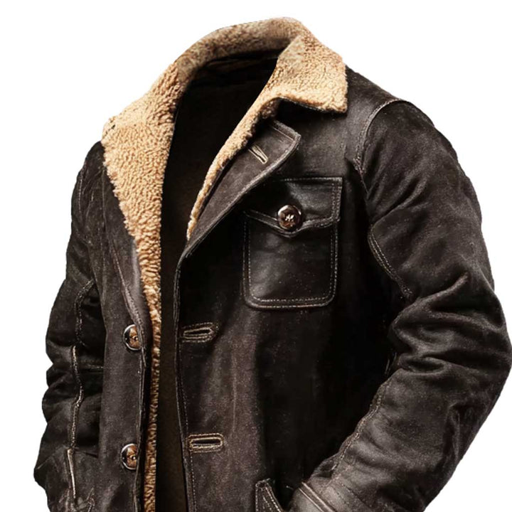 Giacca in Pelle Scamosciata Marrone Scuro da Uomo con Pelliccia Sintetica Stile Vintage