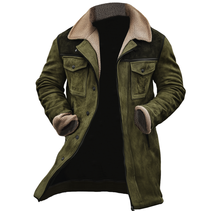 Giacca da Esterno in Pelle Suede Vintage da Uomo con Patchwork e Collo Reversibile a Multitasche