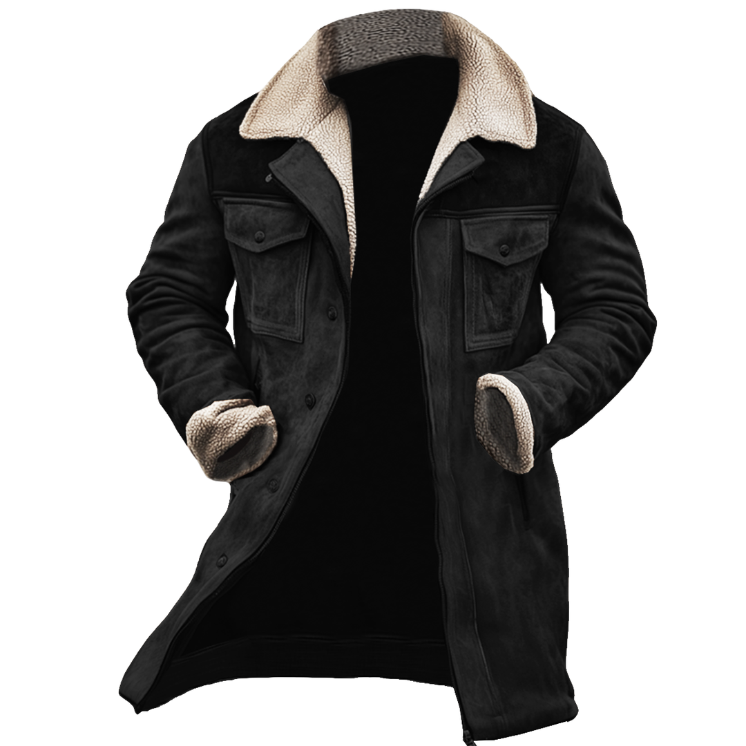 Giacca da Esterno in Pelle Suede Vintage da Uomo con Patchwork e Collo Reversibile a Multitasche