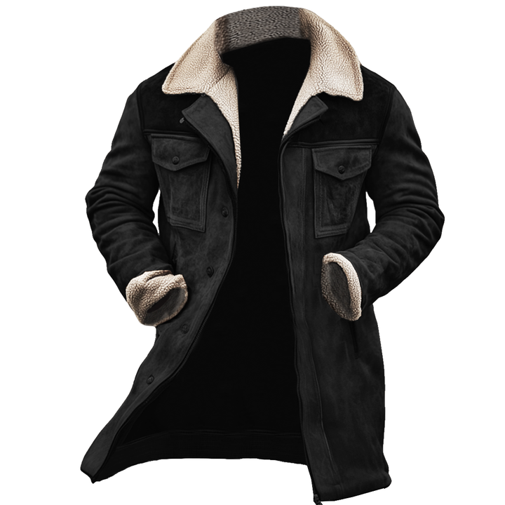 Giacca da Esterno in Pelle Suede Vintage da Uomo con Patchwork e Collo Reversibile a Multitasche