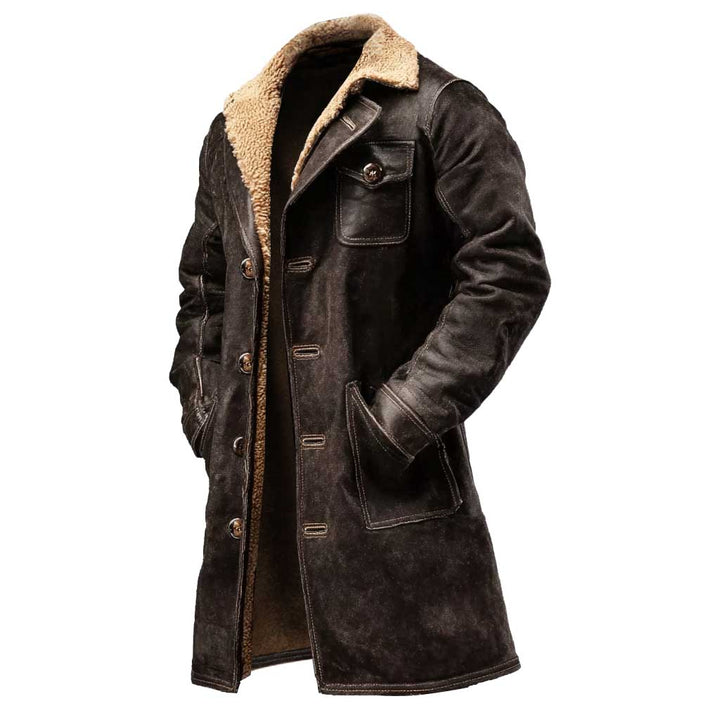 Giacca in Pelle Scamosciata Marrone Scuro da Uomo con Pelliccia Sintetica Stile Vintage