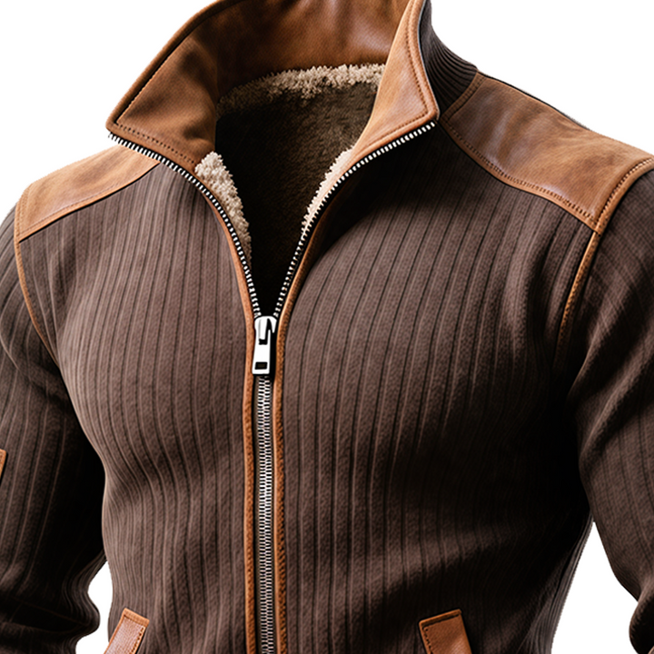 Giacca Marrone a Coste con Zip e Accenti in Pelle