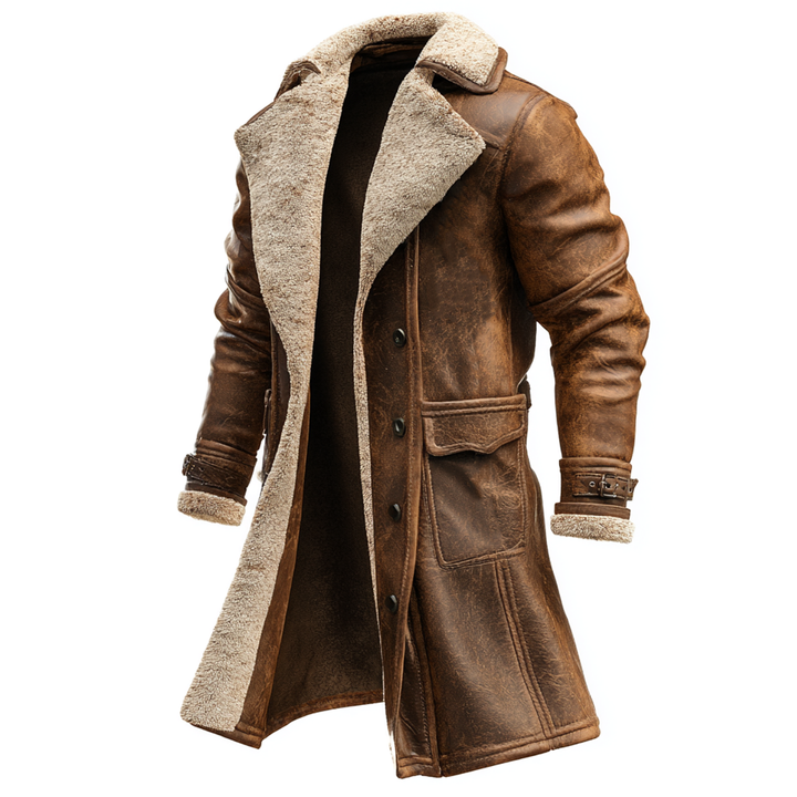 Cappotto in Pelle Marrone Vintage con Fodera in Pelliccia Sintetica