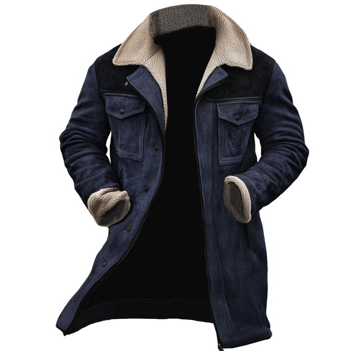 Giacca da Esterno in Pelle Suede Vintage da Uomo con Patchwork e Collo Reversibile a Multitasche
